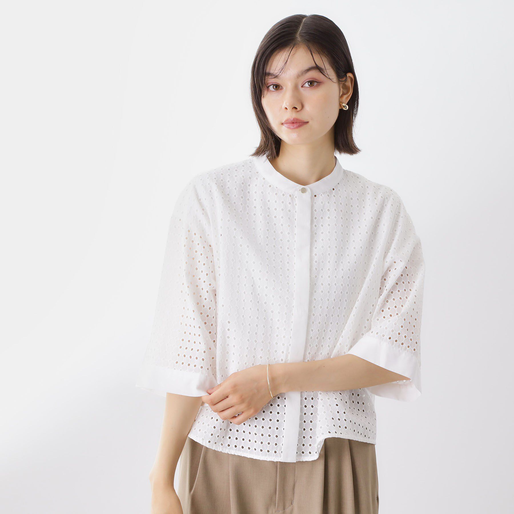 THE SHOP TK「5分袖レース刺繍コットンシャツ」|シャツ・ブラウス|