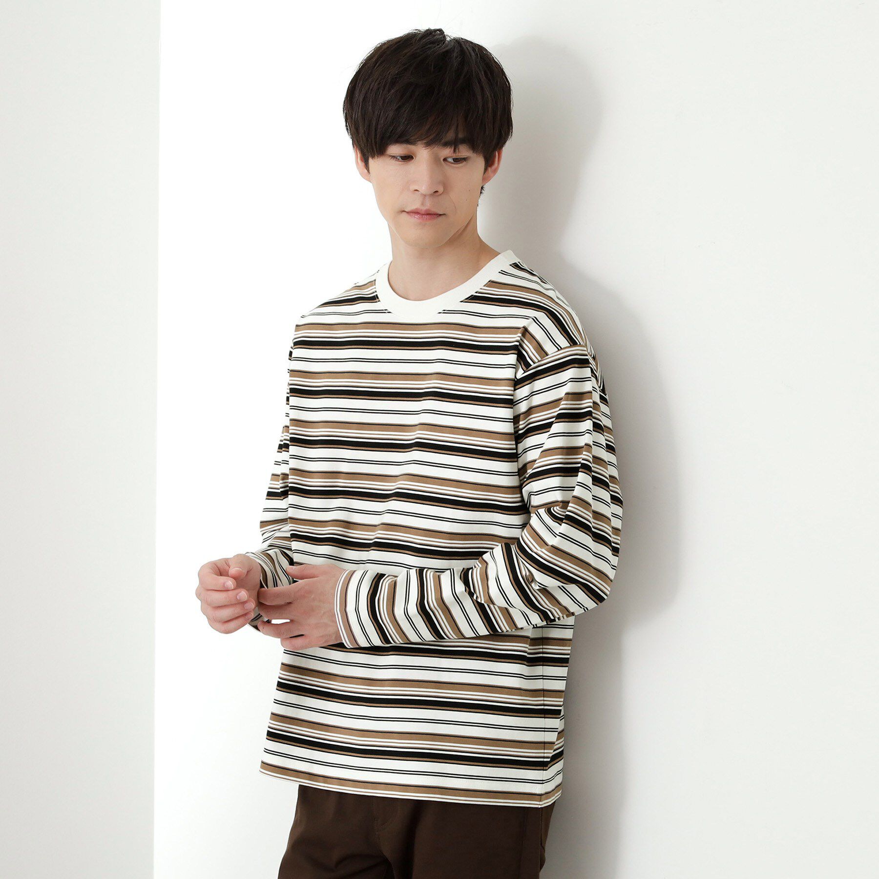 THE SHOP TK「ランダムボーダー長袖タフTシャツ 【洗濯機OK】」|Tシャツ・カットソー|ホワイト(301)