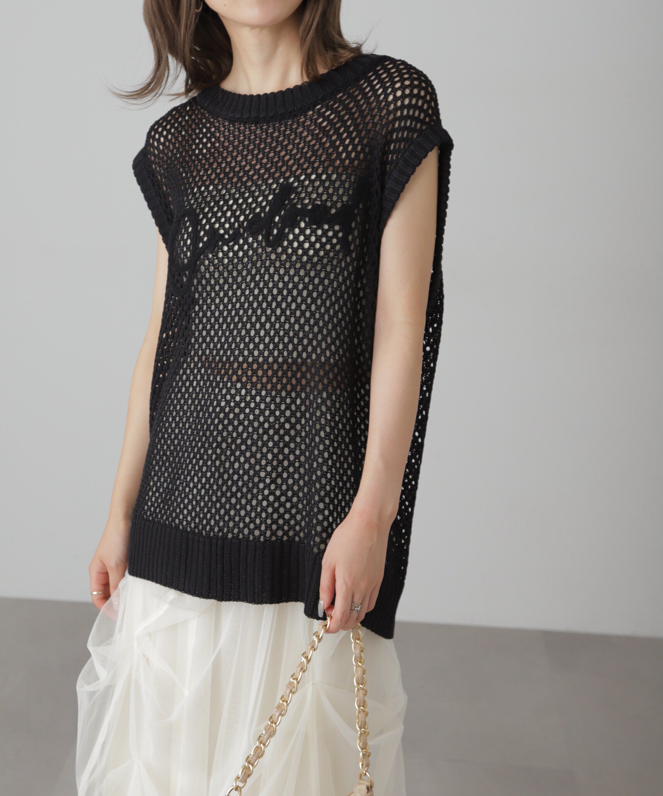  「メッシュロゴニットベスト」|ニット・セーター|ブラック