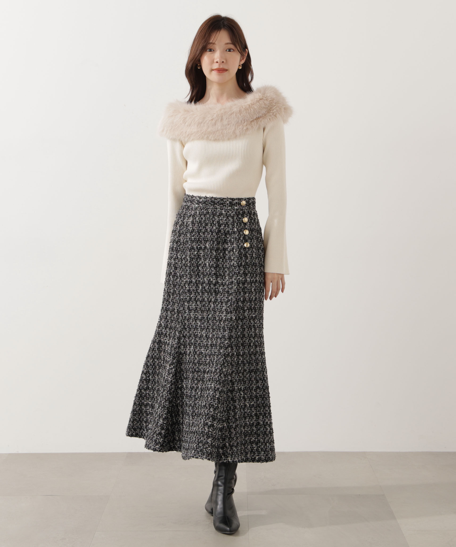 PROPORTION BODY DRESSING「フェイクファー付きオフショルニット 25AW」|ニット・セーター|