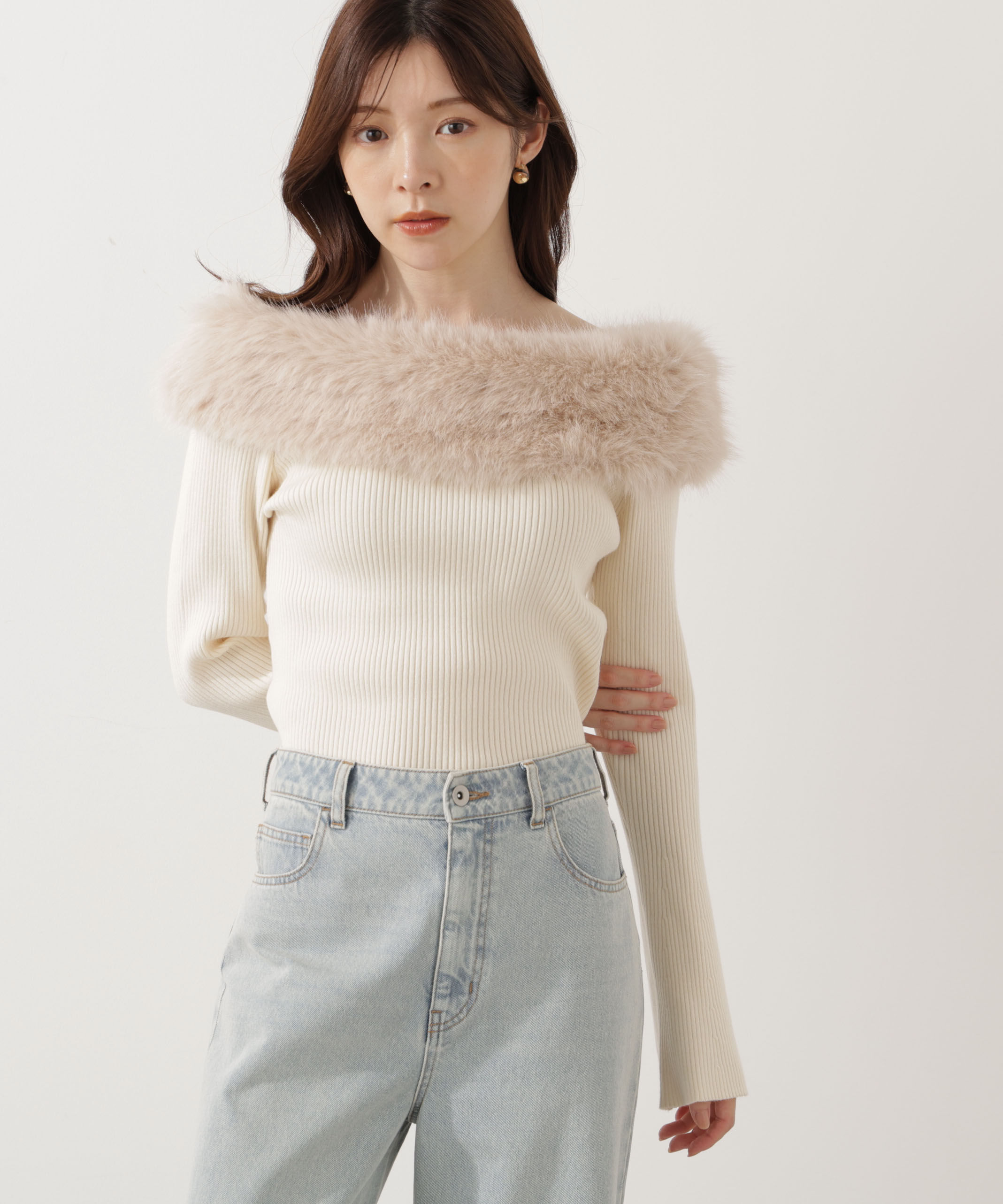 PROPORTION BODY DRESSING「フェイクファー付きオフショルニット 25AW」|ニット・セーター|