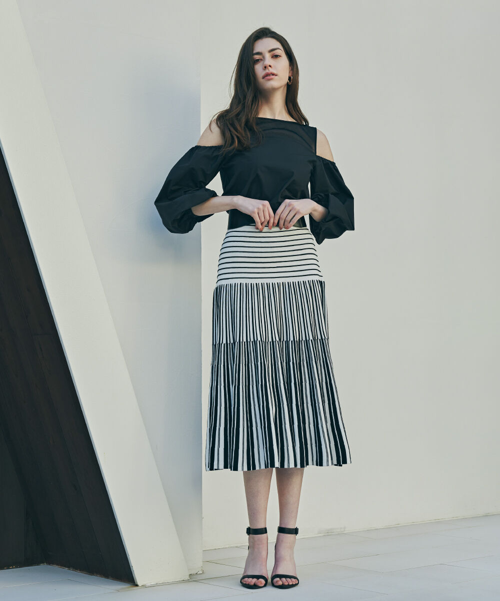  「バイカラーストライプフレアーニットスカート」|スカート|