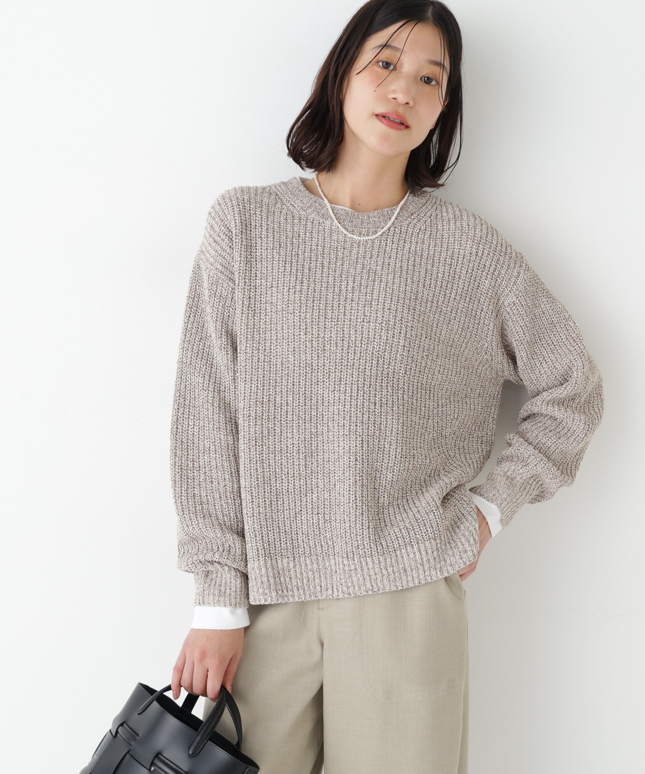  「◆ネップ入ペーパーヤーン片畦クルーネックプルオーバー」|ニット・セーター|ブラウン