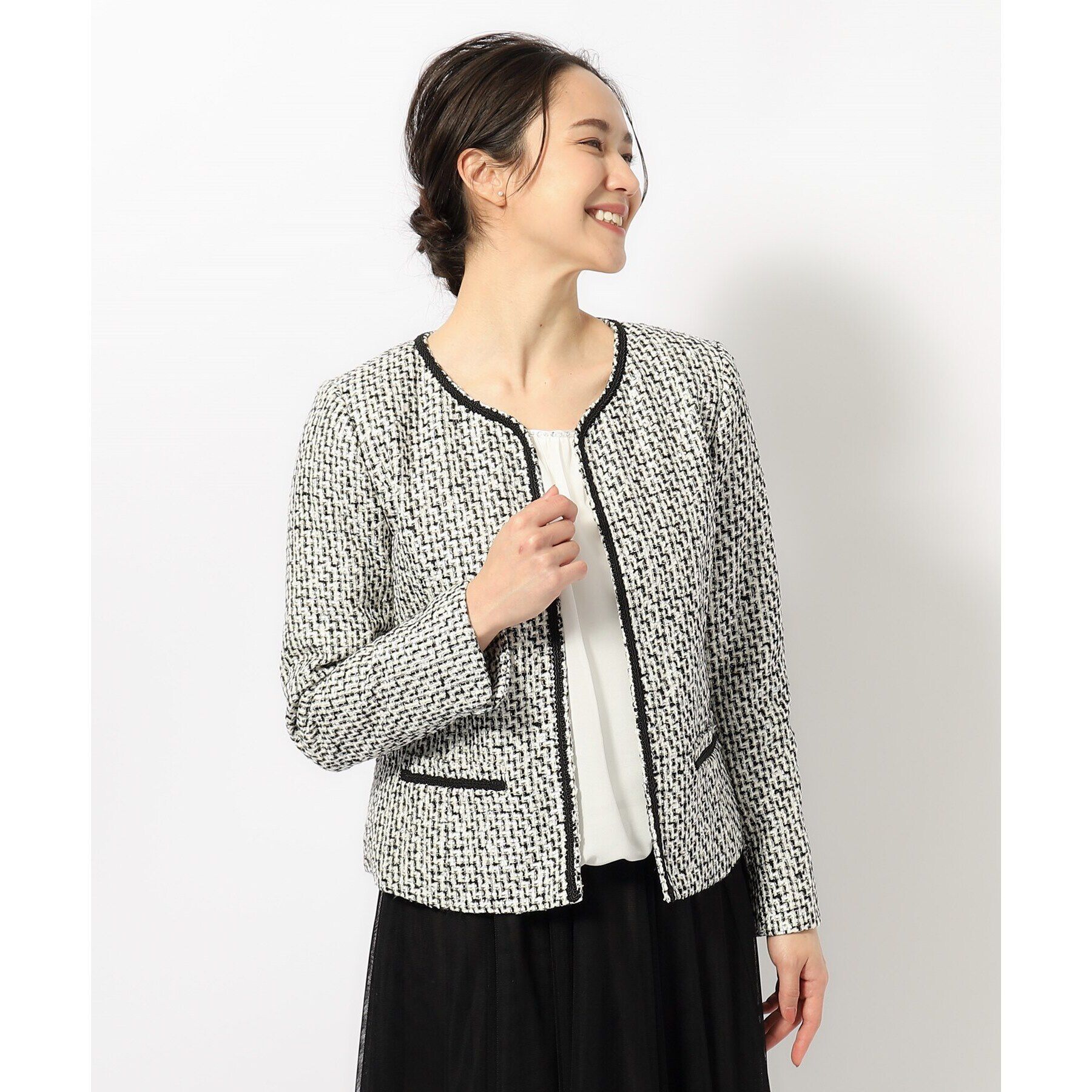 SHOO･LA･RUE「【S-5L】ネオリッチツイードジャケット」|ノーカラージャケット|