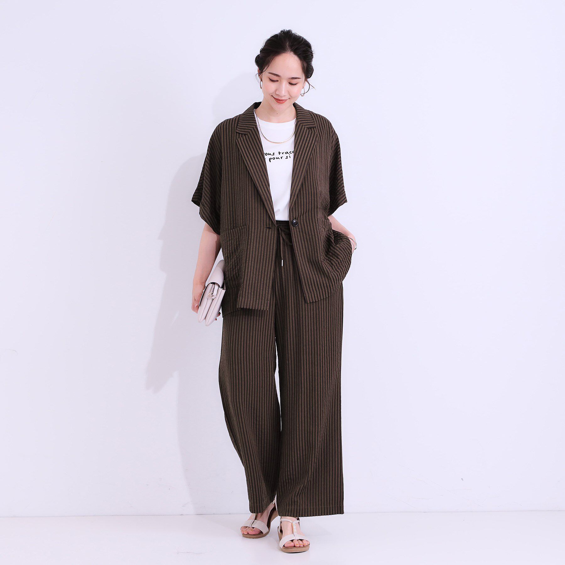 SHOO･LA･RUE「【セットアップ可能/ひんやり/吸水速乾】サッカーストライプ テーラードカラーシャツジャケット」|テーラードジャケット|