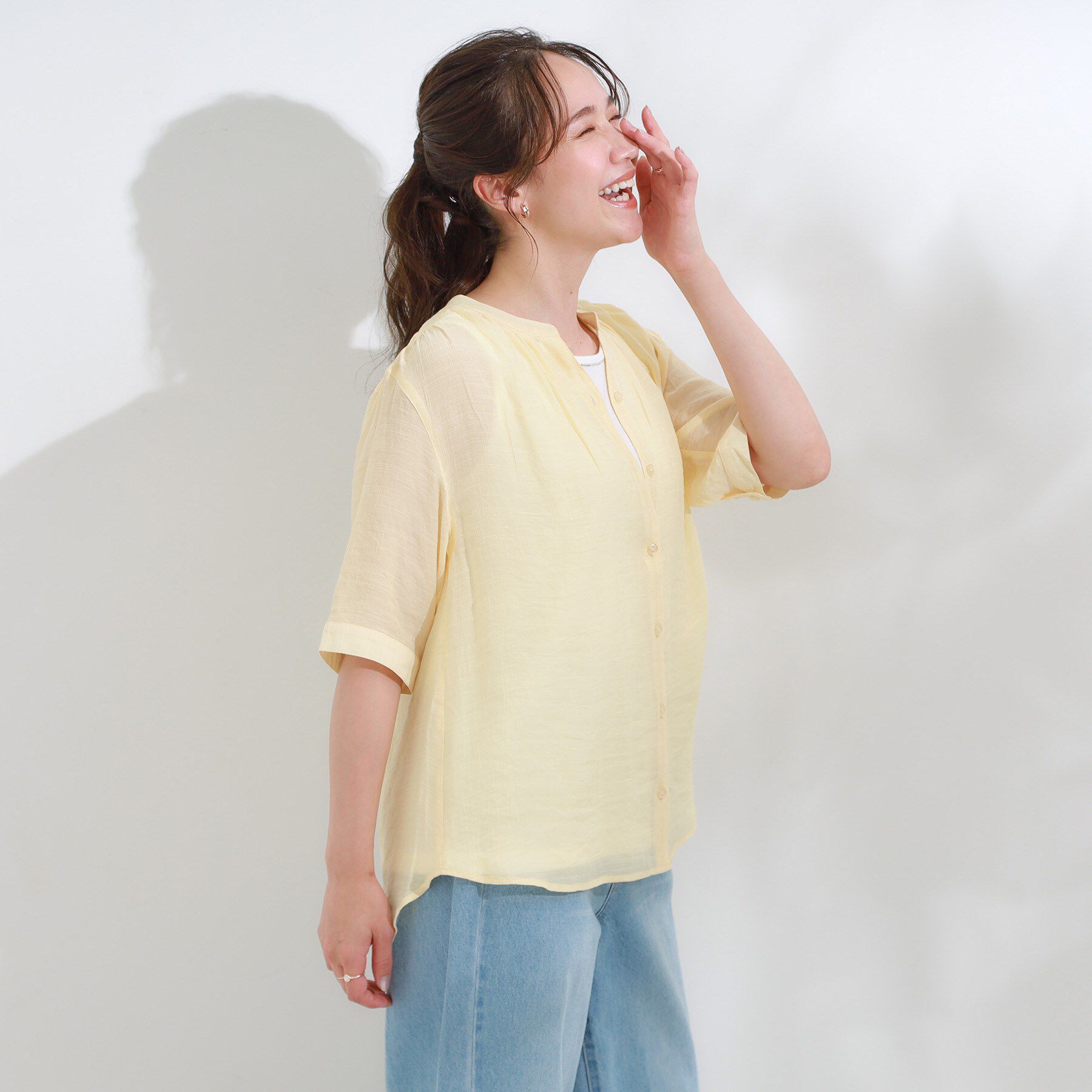 SHOO･LA･RUE「【S-LL/2点セット】着るだけでコーデが決まる 麻調5分袖ブラウス＋タンクトップ」|シャツ・ブラウス|