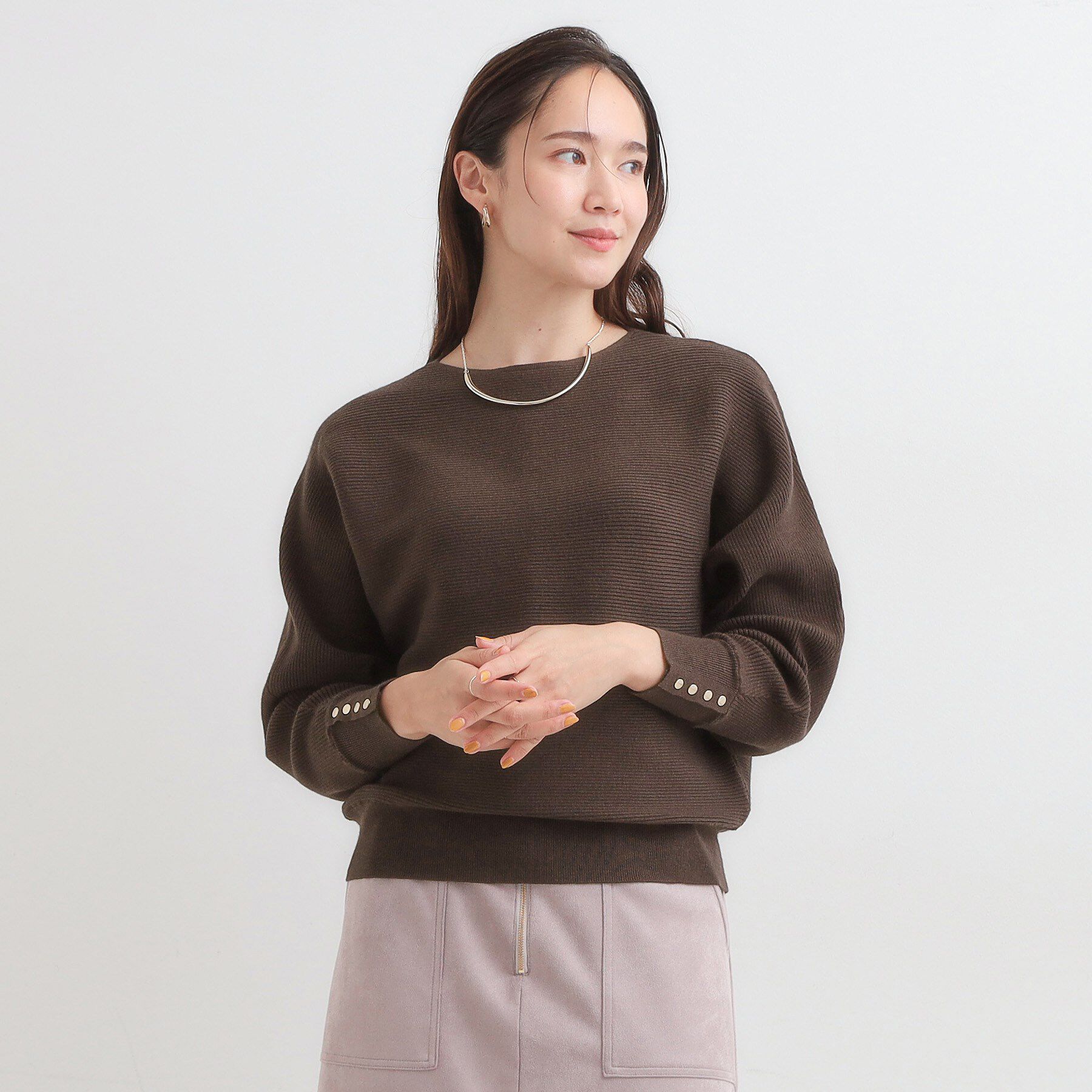 SHOO･LA･RUE「【洗濯機可/体型カバー】お袖ボタン リブドルマンニット」|ニット・セーター|