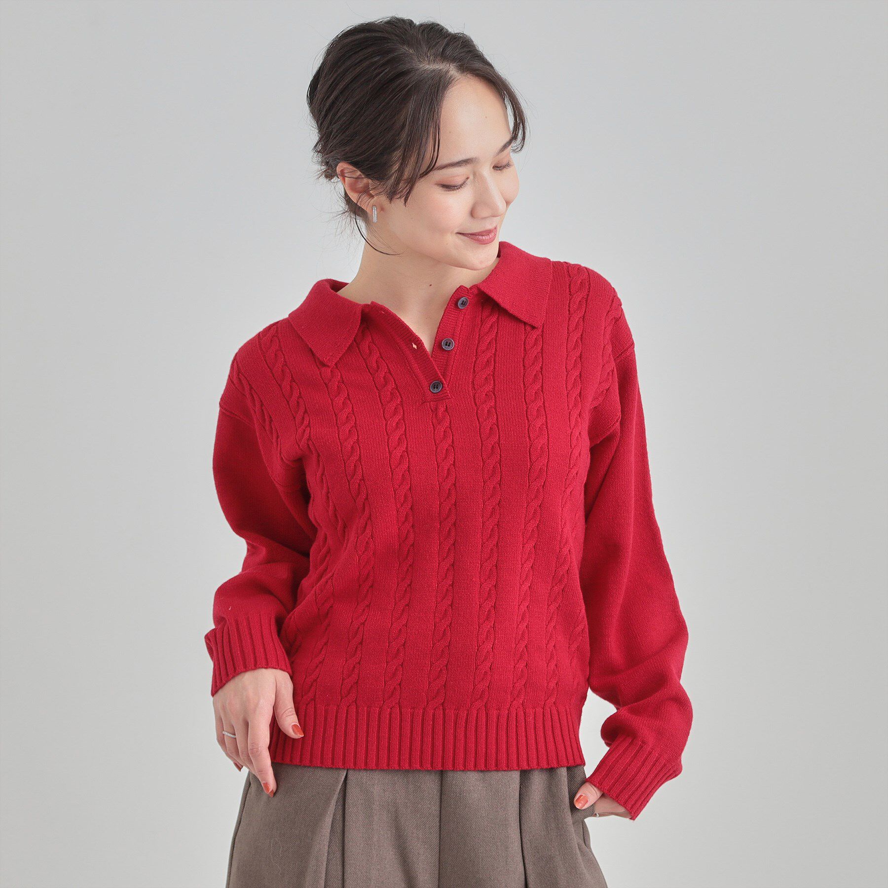 SHOO･LA･RUE「【S-LL】配色ボタンがポイント 襟付きケーブルニット」|ニット・セーター|