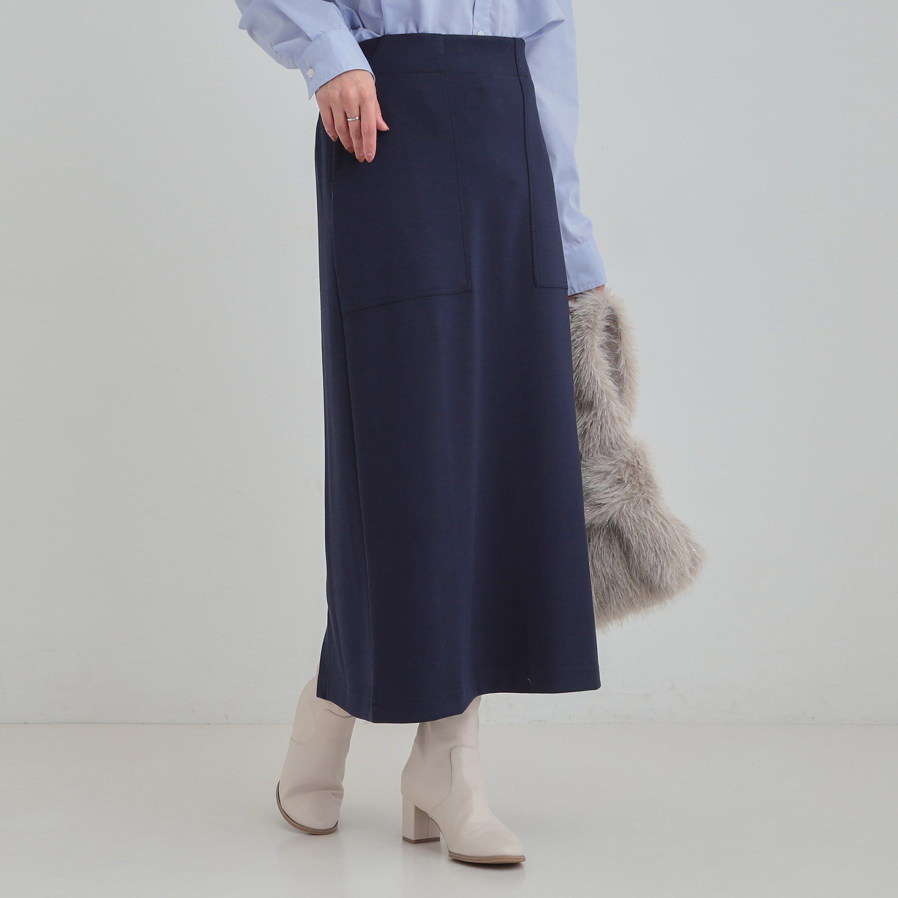 SHOO･LA･RUE「【セットアップ可/S-LL/なめらかタッチ】ベイカーナロースカート」|スカート|ネイビー(094)