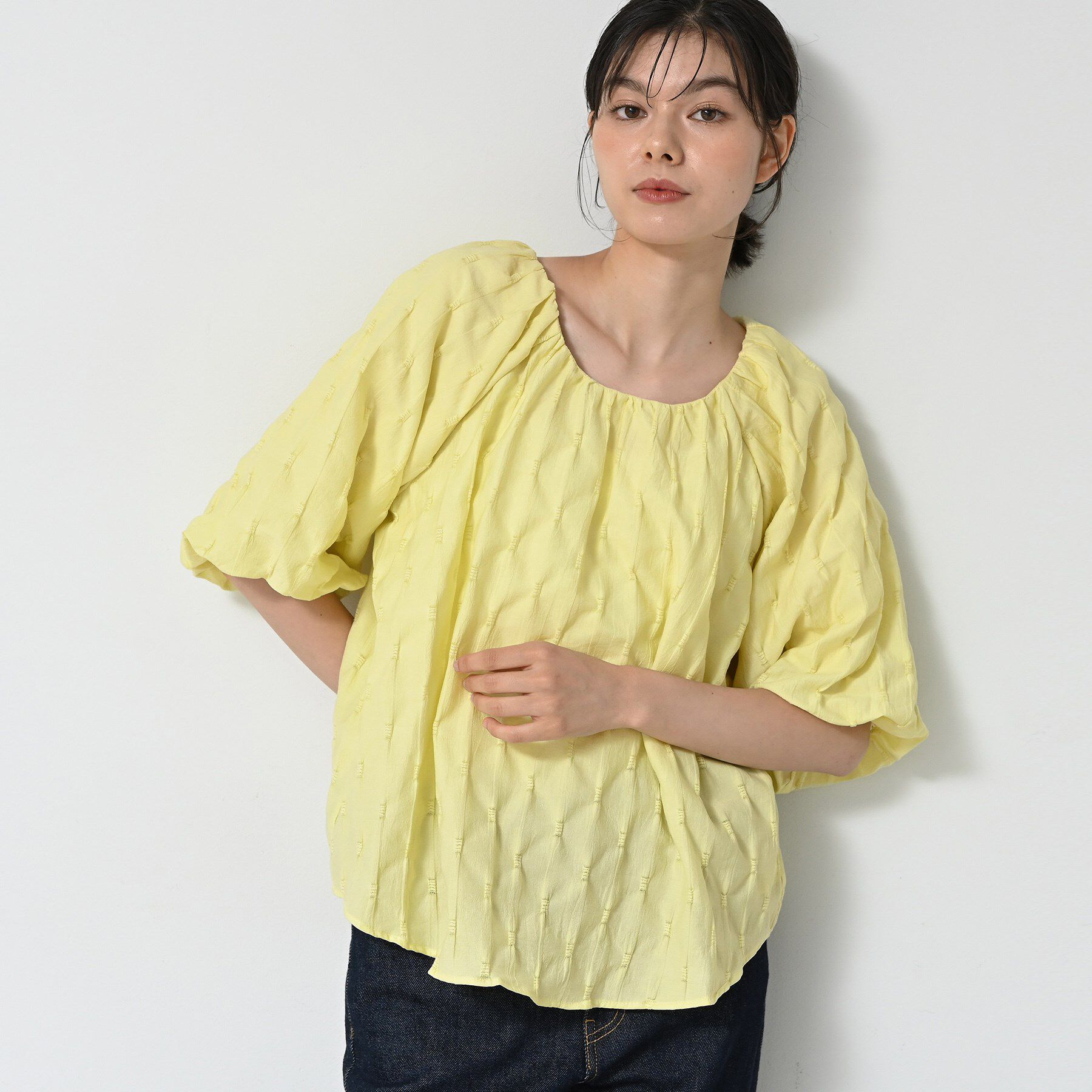 Dessin「【洗える／五分袖】バルーンスリーブジャガードブラウス」|シャツ・ブラウス|