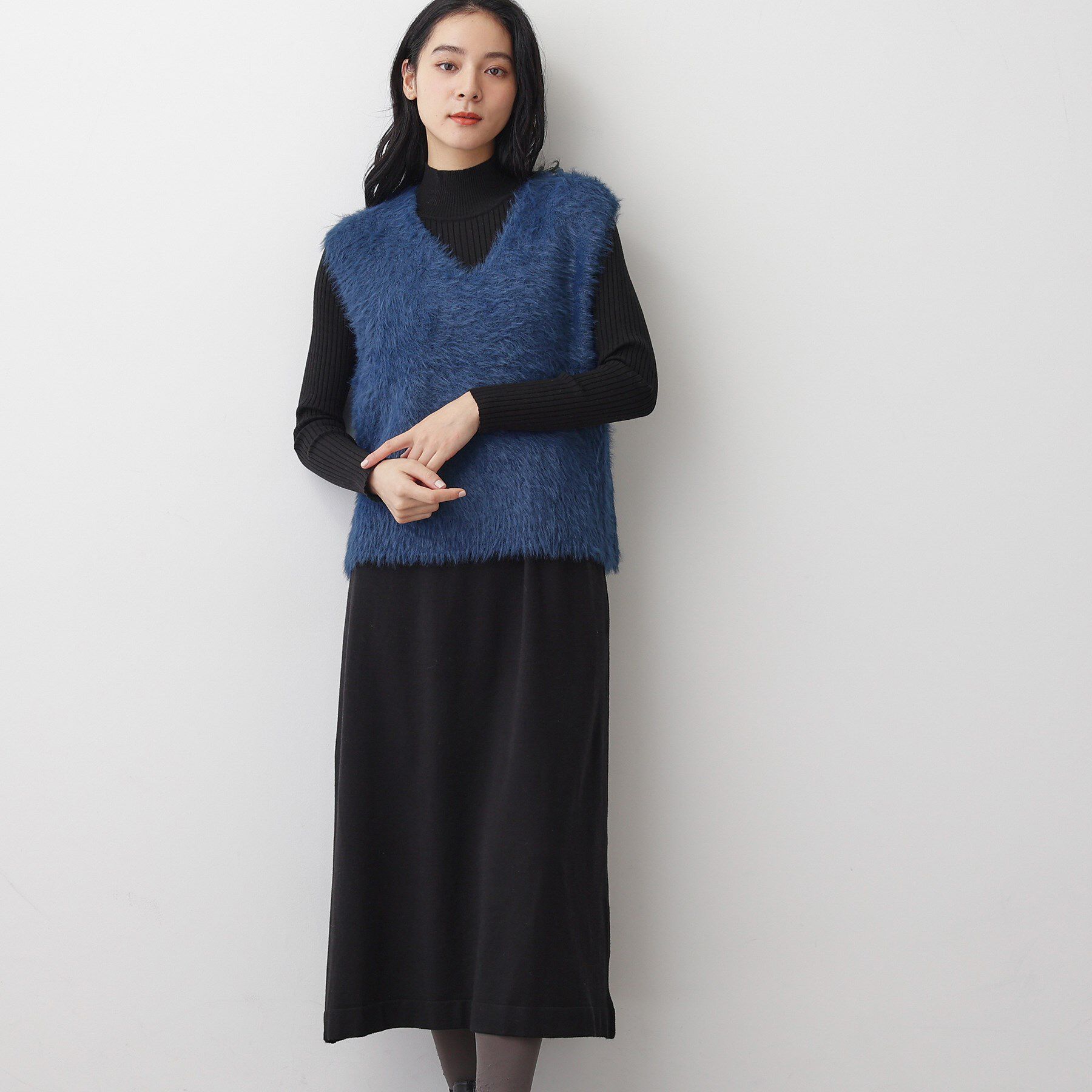 Dessin「【2点セット・洗える】シャギーベストニットワンピース」|スーツ|ネイビー(094)