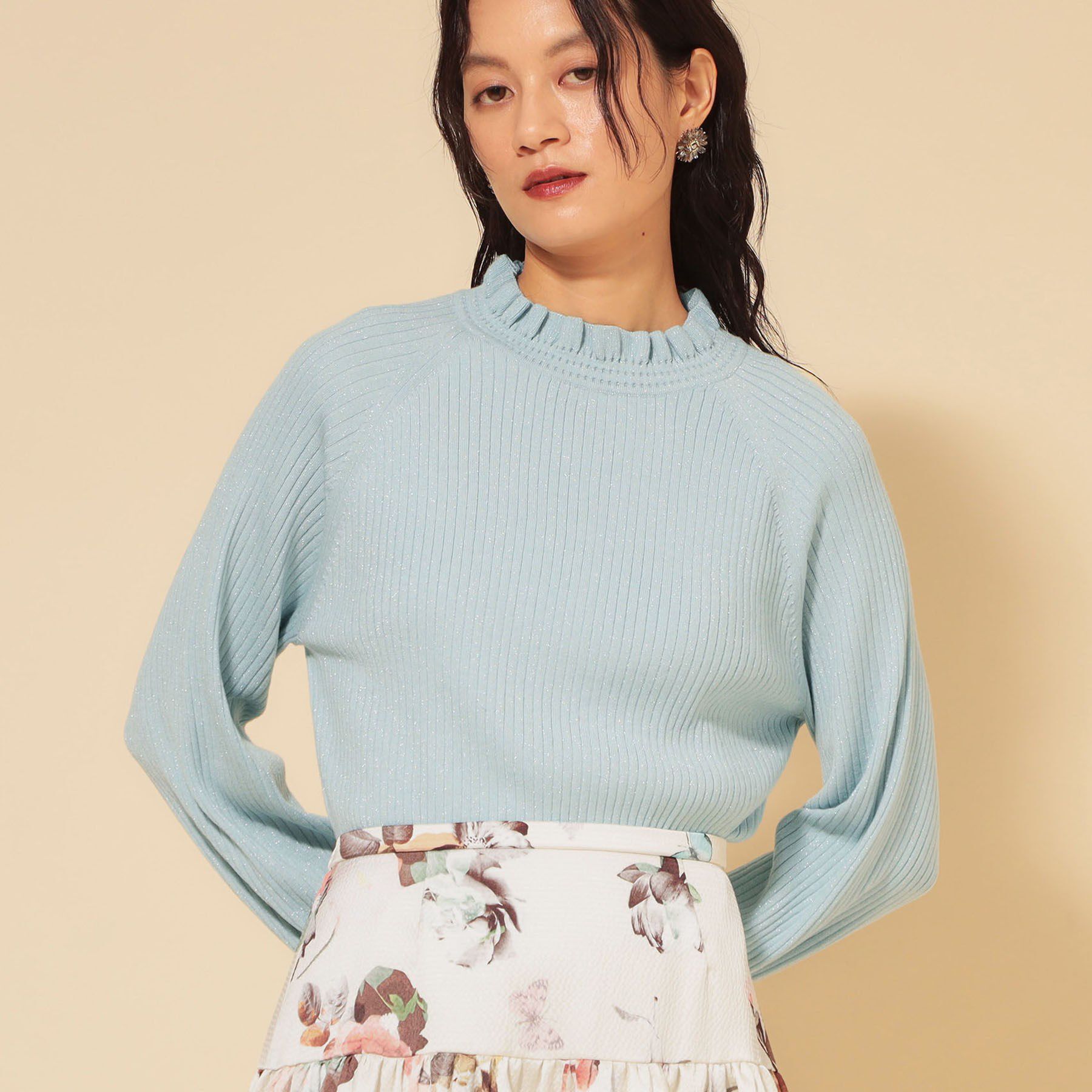 SunaUna「【COLLECTION LINE】フリルラメニット」|ニット・セーター|ブルー(091)