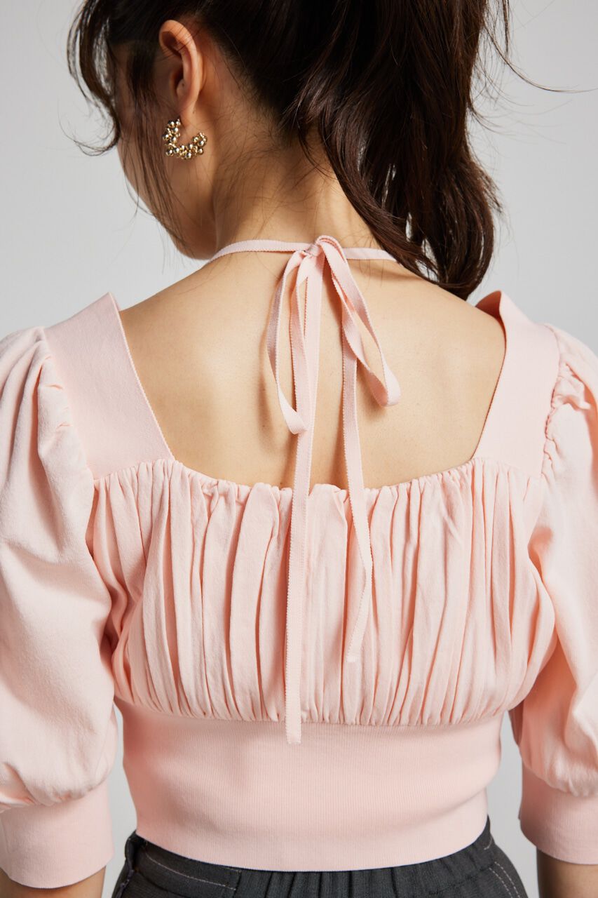 rienda「バストギャザークロップハーフSLV Knit TOP」|ニット・セーター|