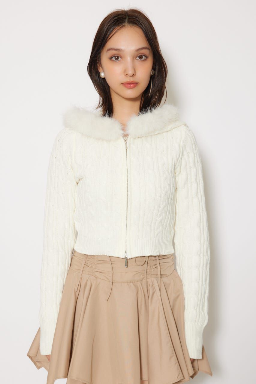 rienda「フードフェイクファーケーブルニットカーディガン」|カーディガン|