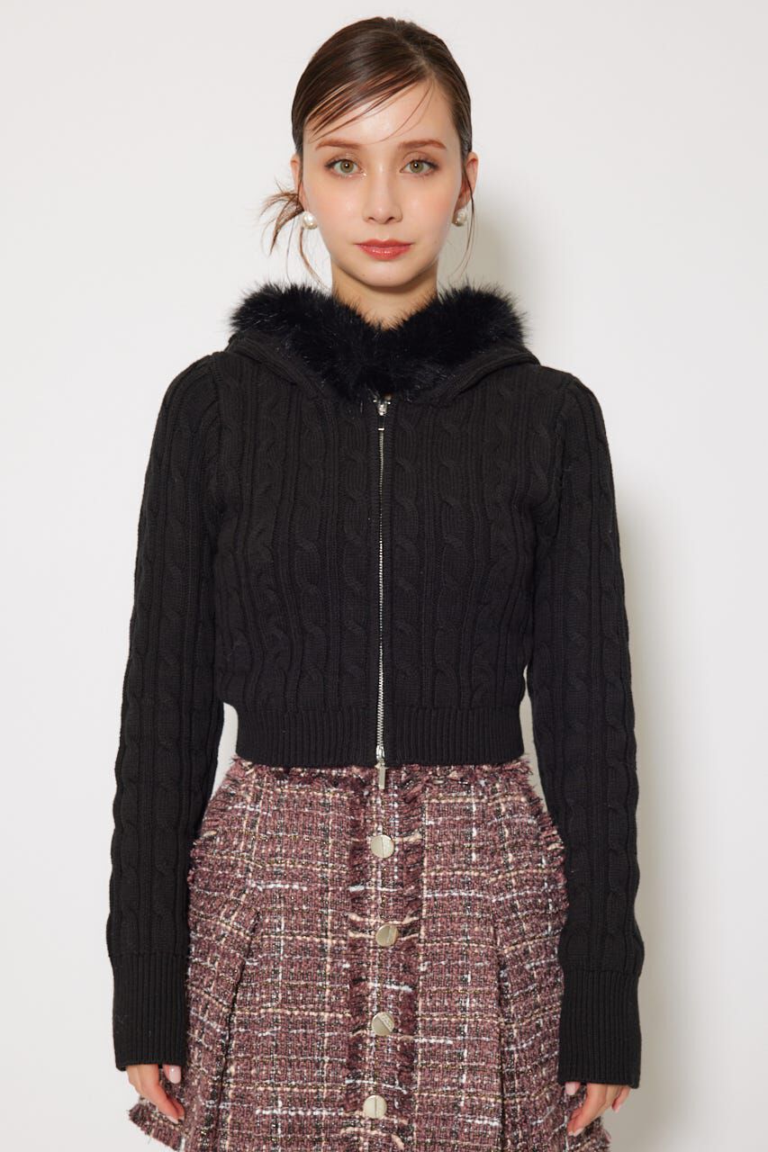 rienda「フードフェイクファーケーブルニットカーディガン」|カーディガン|