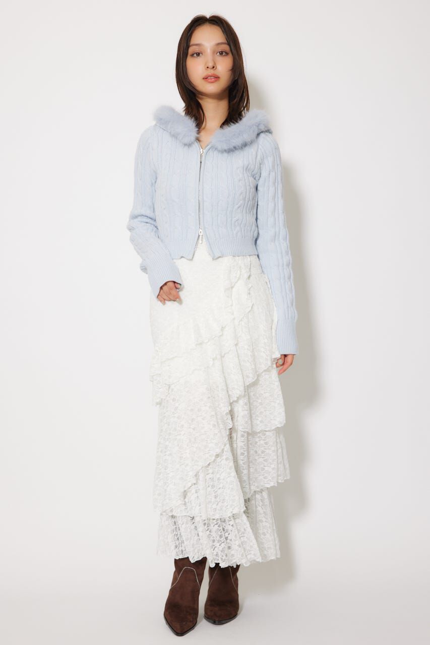 rienda「フードフェイクファーケーブルニットカーディガン」|カーディガン|