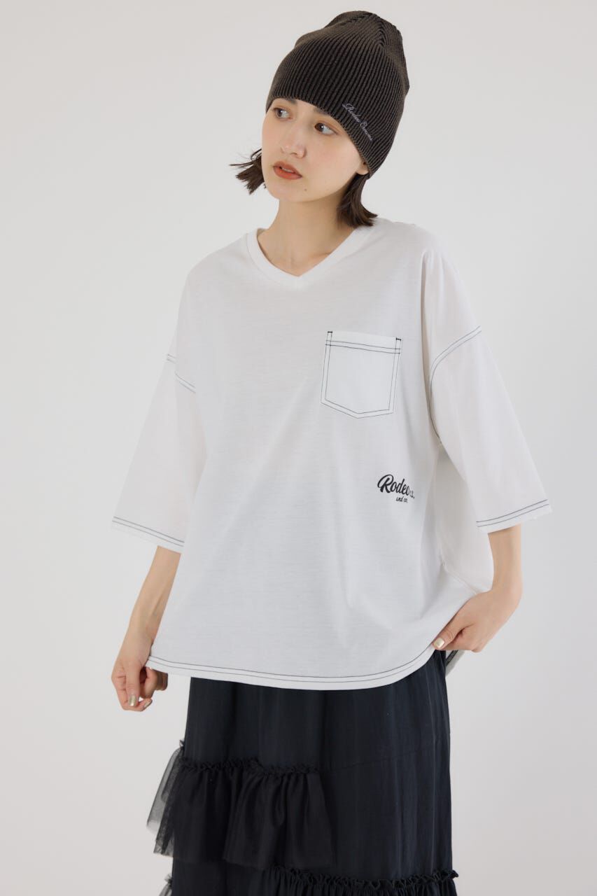 RODEO CROWNS「カラーステッチVネック5分袖Tシャツ」|Tシャツ・カットソー|