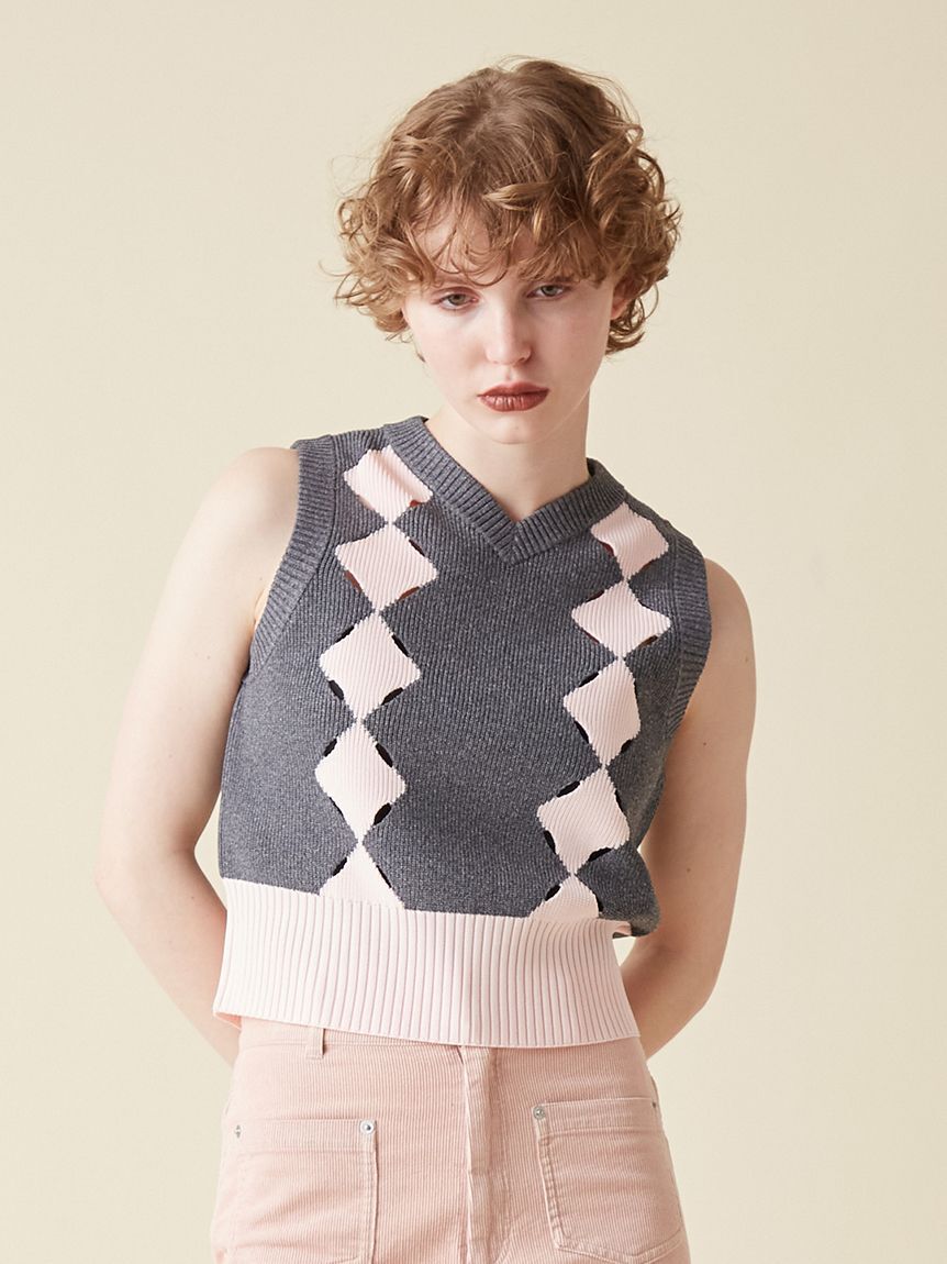 FURFUR「スリットアーガイルベスト」|ダウンベスト・ベスト|CGRY