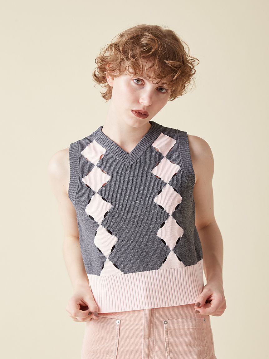 FURFUR「スリットアーガイルベスト」|ダウンベスト・ベスト|