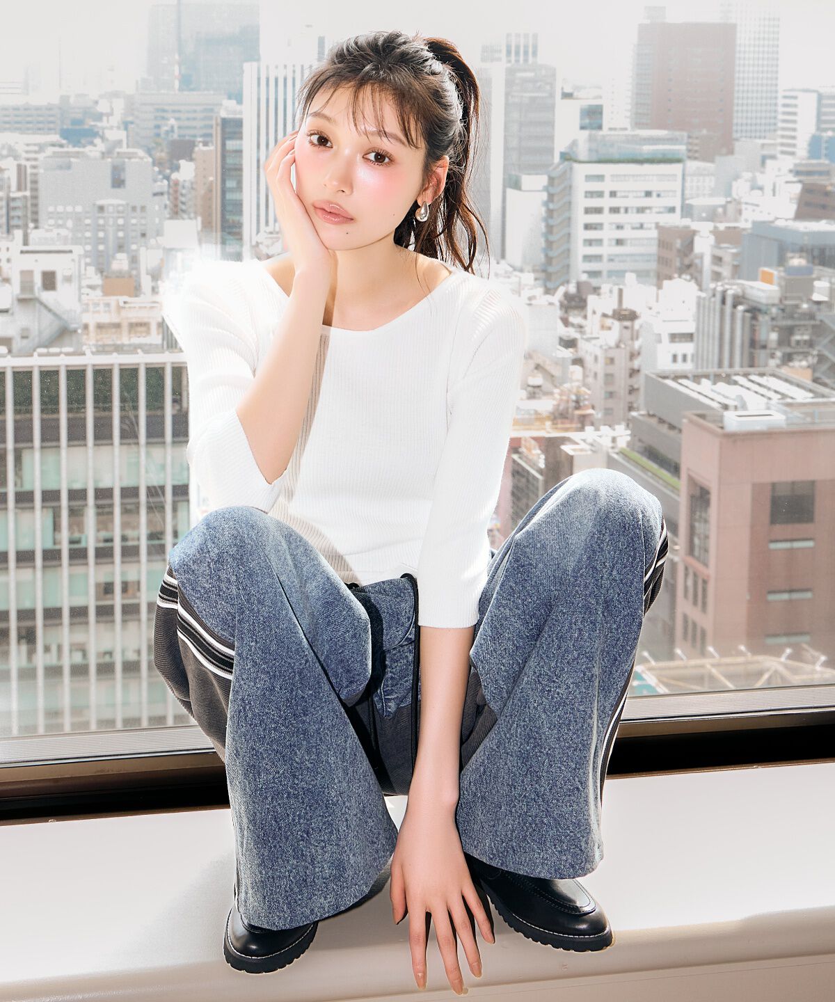 アンドクチュール「アシメVネック7分袖プルオーバー」|ニット・セーター|