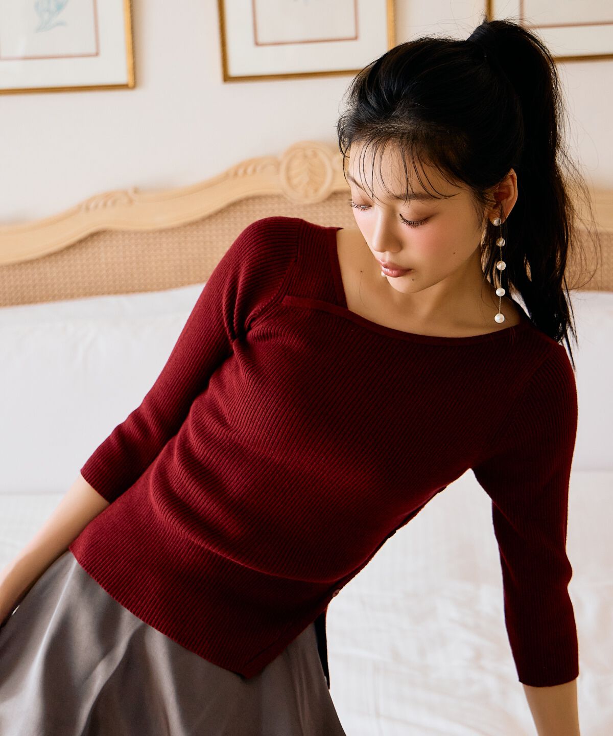 アンドクチュール「アシメVネック7分袖プルオーバー」|ニット・セーター|