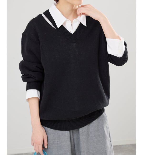 IENA「カットオフカラーVネックプルオーバー」|ニット・セーター|