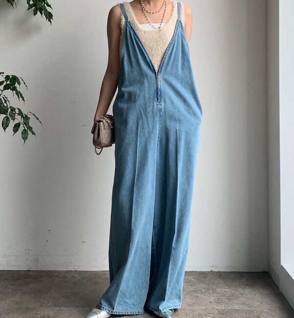  「細紐デニムフロントジップサロペット」|ワンピース|