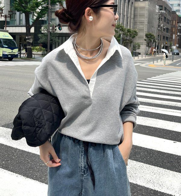  「【インフルエンサー OKOCHI企画】シャツ襟ラガースウェットトップス」|Tシャツ・カットソー|グレー