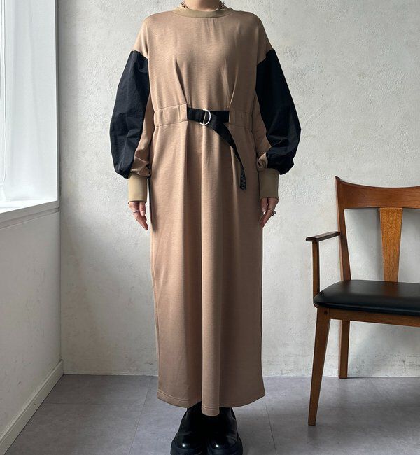  「【WEB限定】ウエストベルト異素材切替ワンピース」|ワンピース|