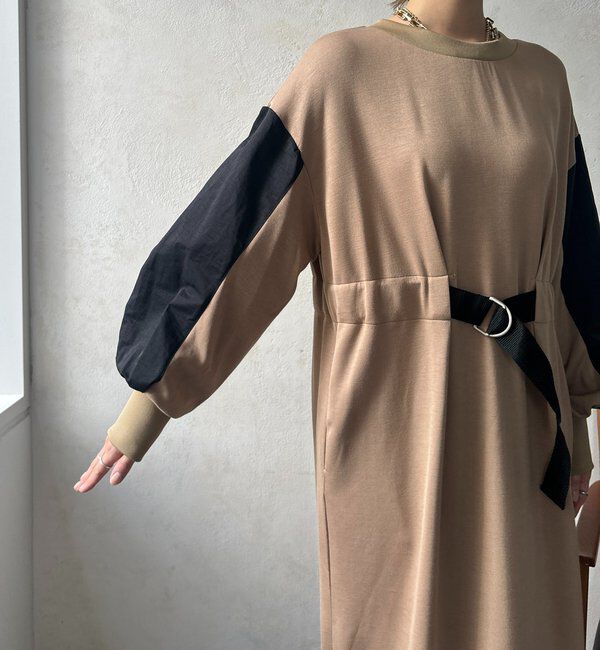  「【WEB限定】ウエストベルト異素材切替ワンピース」|ワンピース|