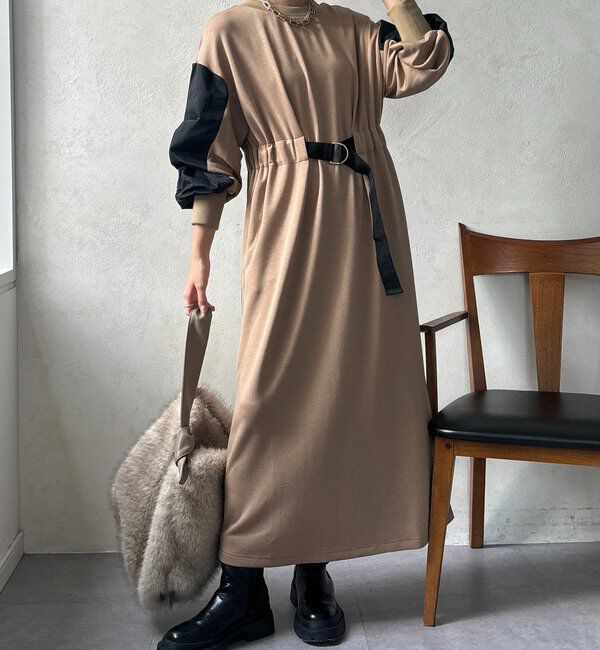  「【WEB限定】ウエストベルト異素材切替ワンピース」|ワンピース|