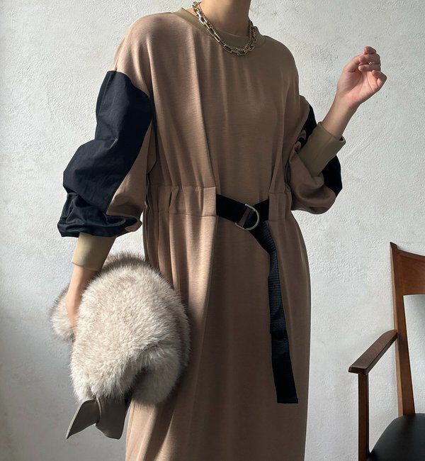  「【WEB限定】ウエストベルト異素材切替ワンピース」|ワンピース|