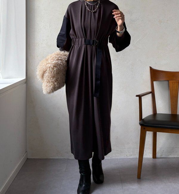  「【WEB限定】ウエストベルト異素材切替ワンピース」|ワンピース|