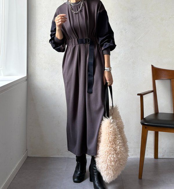  「【WEB限定】ウエストベルト異素材切替ワンピース」|ワンピース|