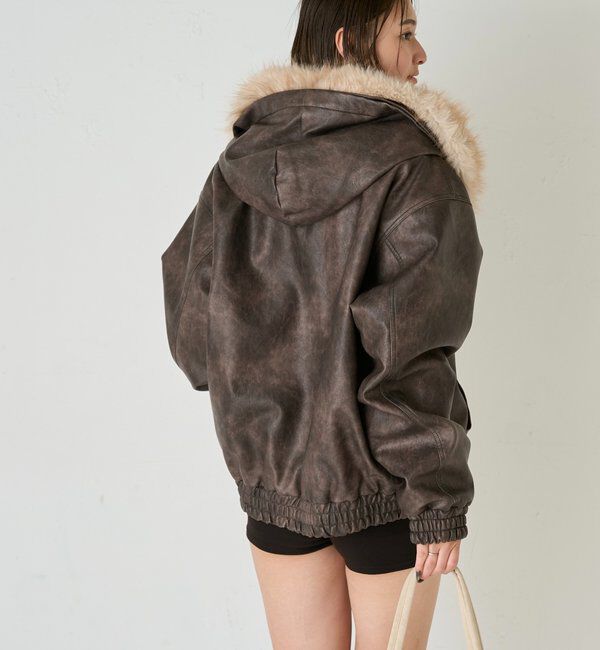 「【2way/ファー取り外し可能】ヴィンテージライクレザーファーフードブルゾン」|ブルゾン・スタジャン|