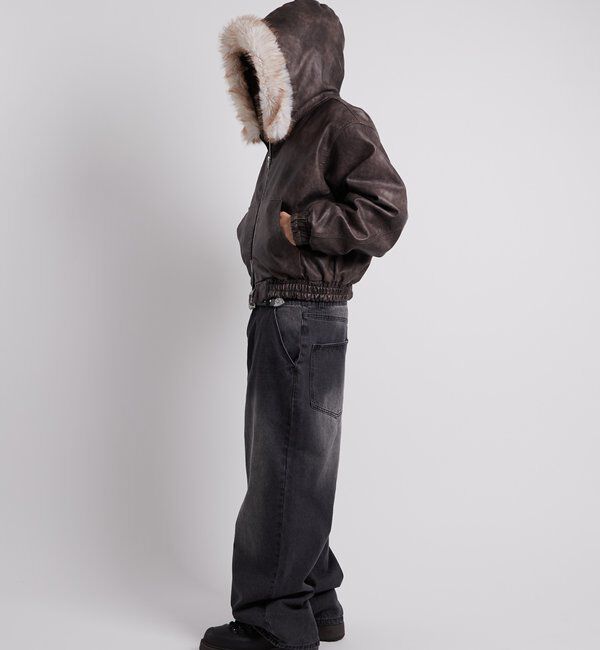  「【2way/ファー取り外し可能】ヴィンテージライクレザーファーフードブルゾン」|ブルゾン・スタジャン|