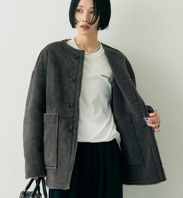 Rouge vif「【2サイズ展開】2WAYスウェードリバーシブルボアコート / ノーカラーコート」|ノーカラーコート|チャコールグレー