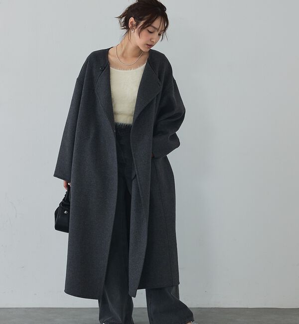 abahouse mavie「【体型カバー】ノーカラーロングコート/冬服/長袖/フォーマル/セミオケ/ウール混」|ノーカラーコート|
