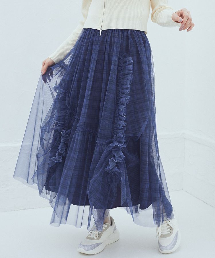 earth music&ecology「チュールアシンメトリーフリルスカート」|フレア|Check Blue