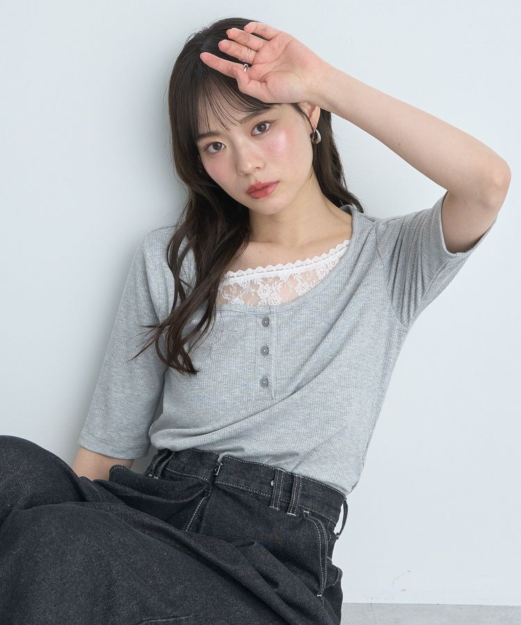 earth music&ecology「レースレイヤードリブプルオーバー」|Tシャツ・カットソー|