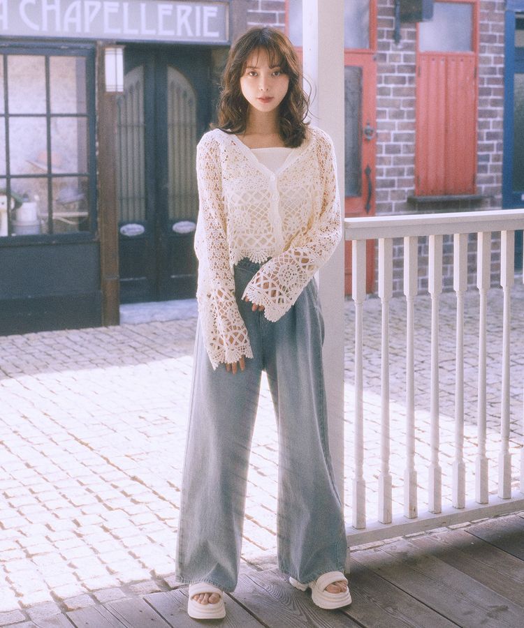 earth music&ecology「クロシェ風Vネックカーディガン」|カーディガン|