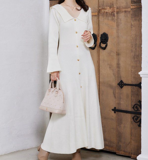  「襟付き金ボタンニットロングワンピース」|ワンピース|アイボリー