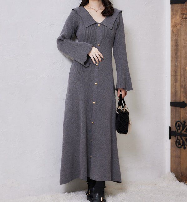 「襟付き金ボタンニットロングワンピース」|ワンピース|