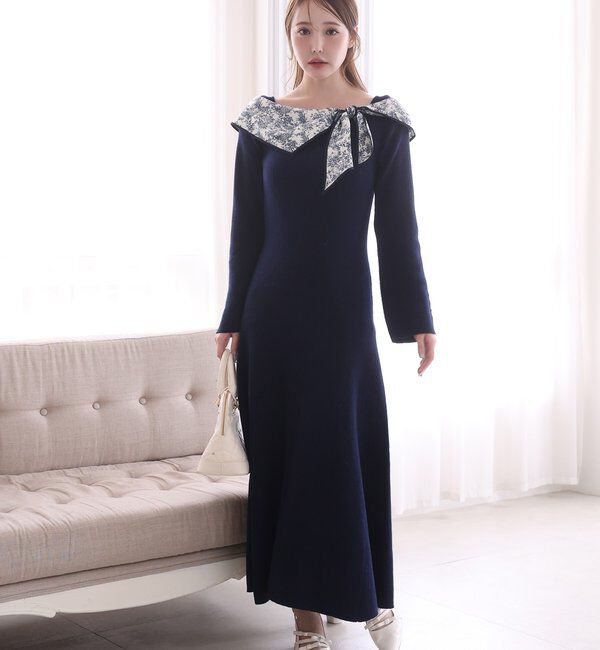  「異素材リボンニットロングワンピース」|ワンピース|ネイビー