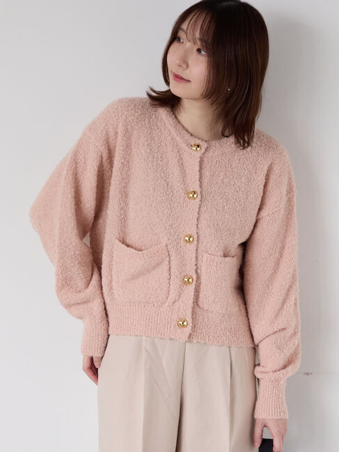 Te chichi TERRASSE「ブークレ金釦クルーネックカーディガン」|カーディガン|ピンク