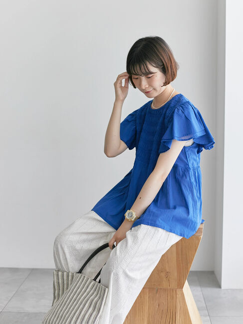 Samansa Mos2 blue「【Made in India】シャーリングブラウス」|シャツ・ブラウス|