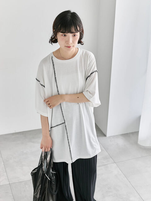 Samansa Mos2 blue「◎【接触冷感】切替ステッチチュニック」|Tシャツ・カットソー|