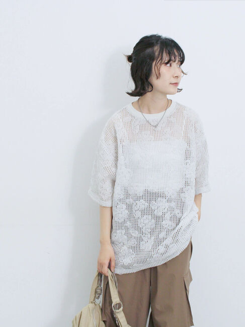 Samansa Mos2 blue「チュールフラワーコードTシャツ」|Tシャツ・カットソー|