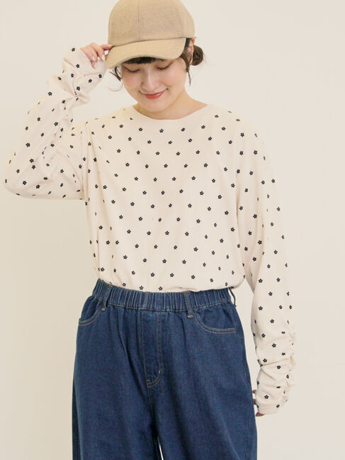 Samansa Mos2「リップル柄アソート袖シャーリングカットソー」|Tシャツ・カットソー|