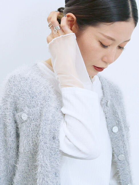 Samansa Mos2 blue「膨れジャガード袖チュールプルオーバー」|Tシャツ・カットソー|オフホワイト